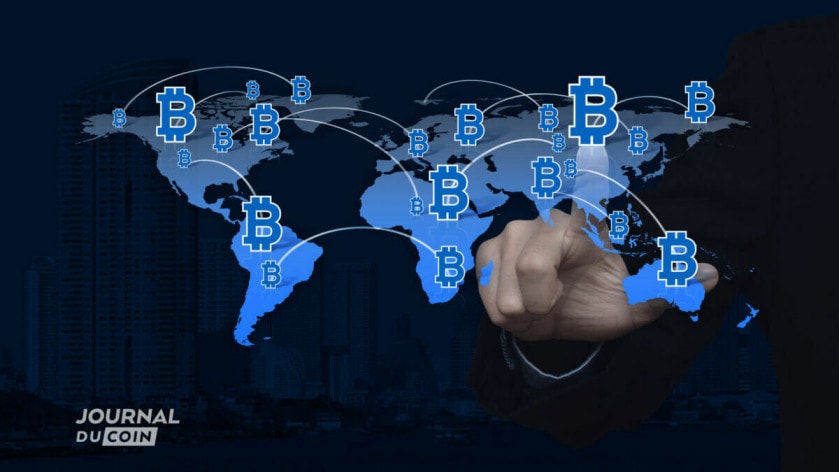 Il s'agit d'une vue d'ensemble du globe sur lequel est symbolisé des échange de bitcoins entre les pays.