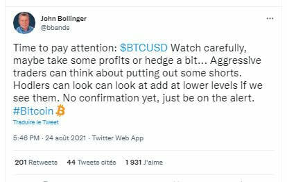 Les investisseurs et les traders devraient penser à sécuriser leurs gains sur Bitcoin selon John Bollinger, une forte pression baissière n'étant pas à exclure.