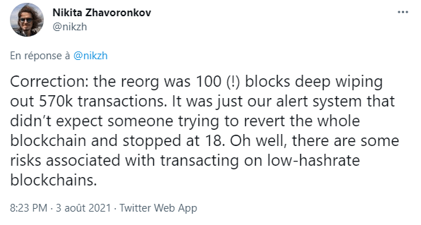 Tweet revenant sur le détail de l'attaque 51% menée contre Bitcoin SV