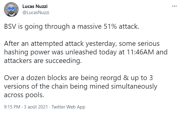Tweet de Lucas Nuzzi revenant sur l'attaque des 51% menée contre BSV.