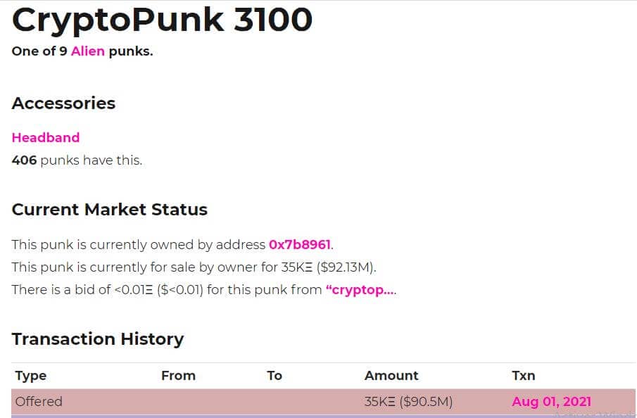 Le CryptoPunk alien 3100 avec un bandeau est proposé à la vente pour 90,5 millions de dollars