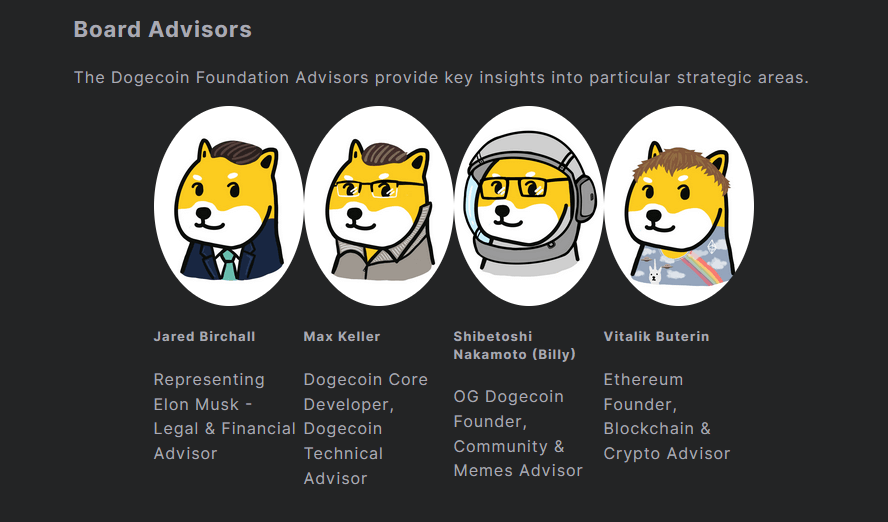 Liste des conseillers de la Dogecoin Foundation incluant Jared Birchall, Max Keller, Billy Markus et Vitalik Buterin