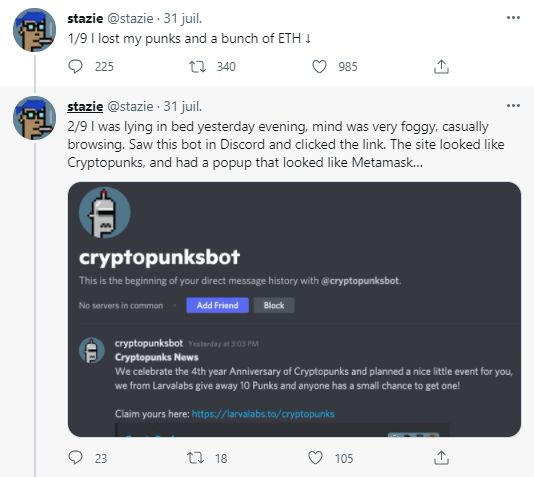 Publication Twitter de Stazie relatant la perte de 16 CryptoPunks et d'ethers