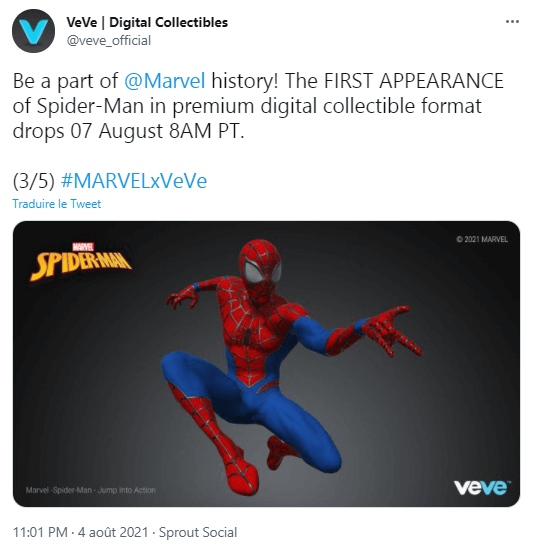 Publication Twitter de VeVe annonçant le lancement d'un NFT Spider-Man, en partenariat avec Marvel