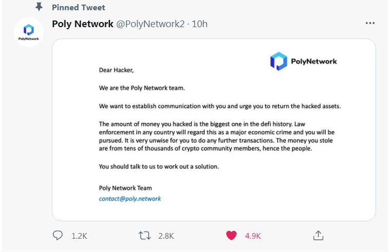 Le message de Polynetwork aux hackers de 610 millions de dollars de son protocole