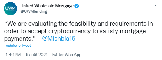 Publication Twitter d'United Wholesale Mortgage où le CEO, Mat Ishiba, révèle que l'entreprise envisage d'accepter les paiements en cryptomonnaies