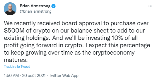 Publication Twitter de Brian Armstrong annonçant que Coinbase investirait plus de 500 millions de dollars en cryptomonnaies