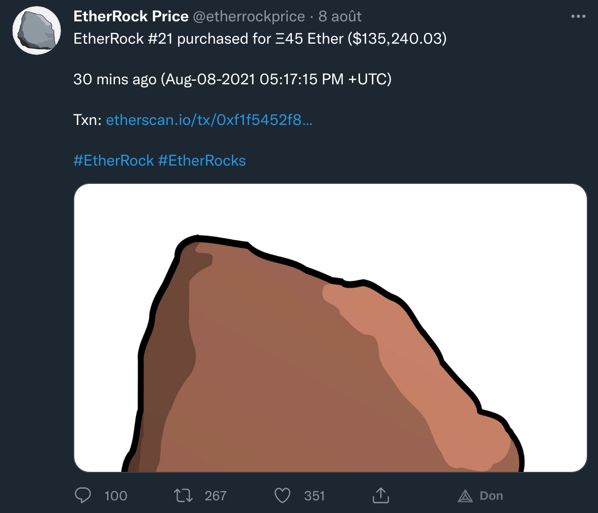 Publication Twitter d'EtherRock Price montrant que le prix d'un EtherRock atteint jusqu'à 45 ethers