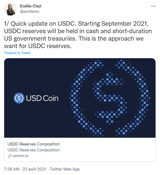Publication Twitter d'Emilie Choi annonçant que les réserves de l'USD Coin (USDC) seront composées uniquement d'espèces et de bons du Trésor américain d'ici septembre 2021
