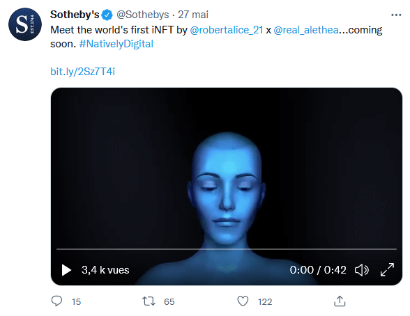 Tweet de Sotheby's annonçant la mise ne vente d'Alice, le premier iNFT crée par le studio Robert Alice en collaboration avec Alethea AI.