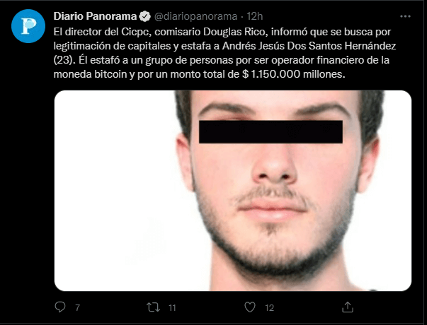 Tweet de la presse vénézuélienne sur la recherche de Andrés Jesus Dos Santos Hernandez soupçonné d'avoir organisé son enlèvement pour obtenir une rançon en Bitcoin. 