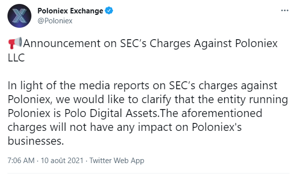 Publication Twitter de Poloniex Exchange annonçant que les charges contre Poloniex n'auront aucun impact sur ses activités