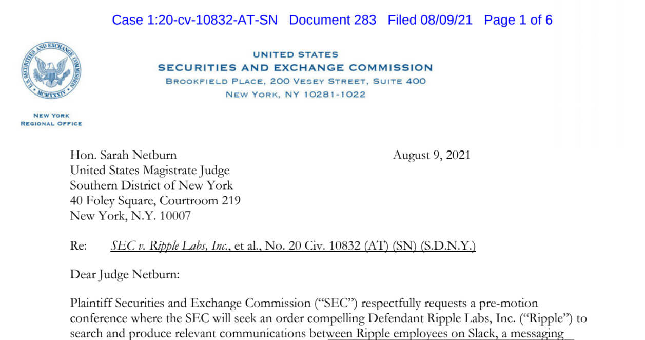 Requête de la SEC demandant de produire de façon exhaustive toutes les communications des employés de Ripple sur le réseau de messagerie professionnelle Slack