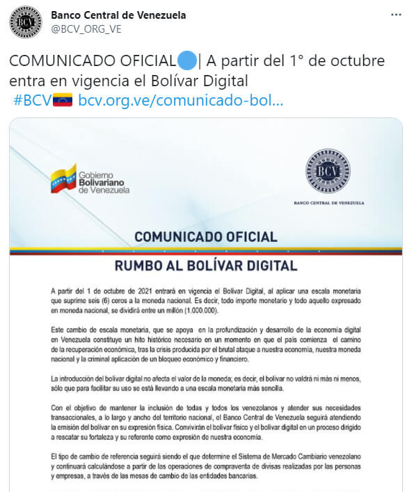Annonce de la mise en place du Bolivar digital