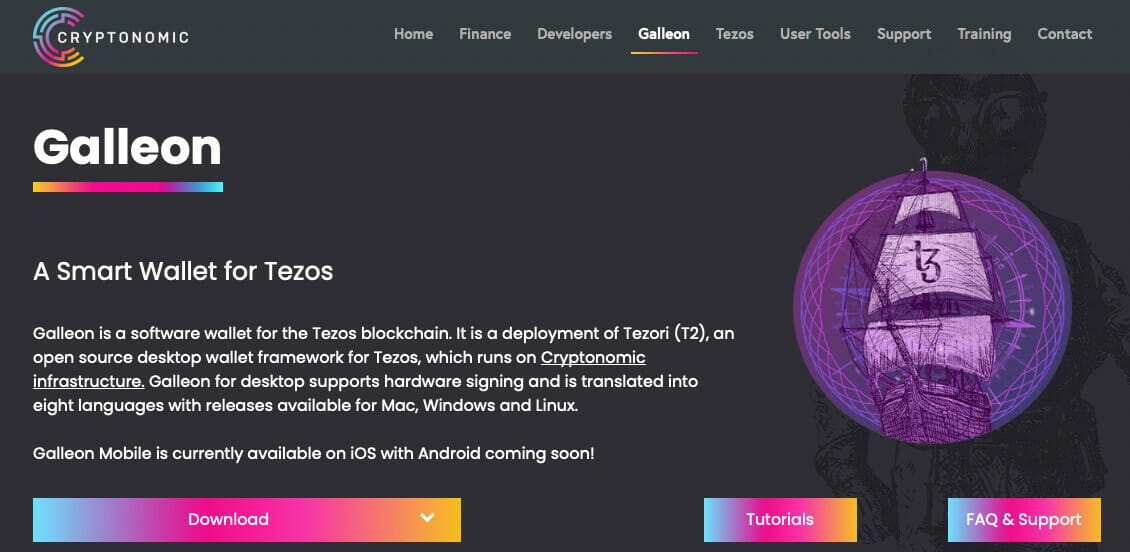 Page d'accueil du site d'installation du Galleon Wallet pour Tezos (XTZ)