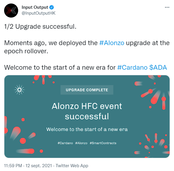 Publication Twitter d'Input Output annonçant le déploiement avec succès du hard fork Alonzo sur Cardano (ADA)