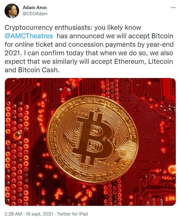 Publication Twitter d'Adam Aron annonçant l'ajour d'Ethereum, de Litecoin et de Bitcoin Cash comme moyens de paiement chez AMC Entertainment, en plus de Bitcoin