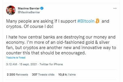 L'homme politique canadien, Maxime Bernier, soutient Bitcoin et les cryptomonnaies à l'approche des élections législatives au Canada.