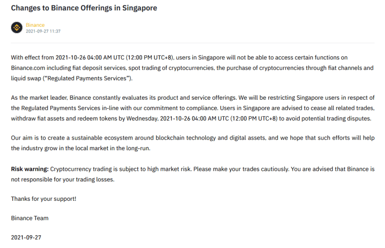 A partir du 26 octobre 2021, Binance va suspendre les services liés aux monnaies fiduciaires pour les utilisateurs de Singapour