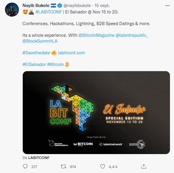 Publication Twitter de Nayib Bukele présentant l'évènement LABITCONF du 15 au 20 novembre 2021 au Salvador