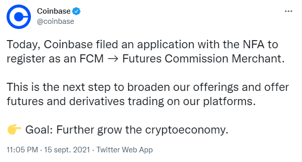 Publication Twitter de Coinbase annonçant le lancement de contrats à termes (futures) cryptomonnaies