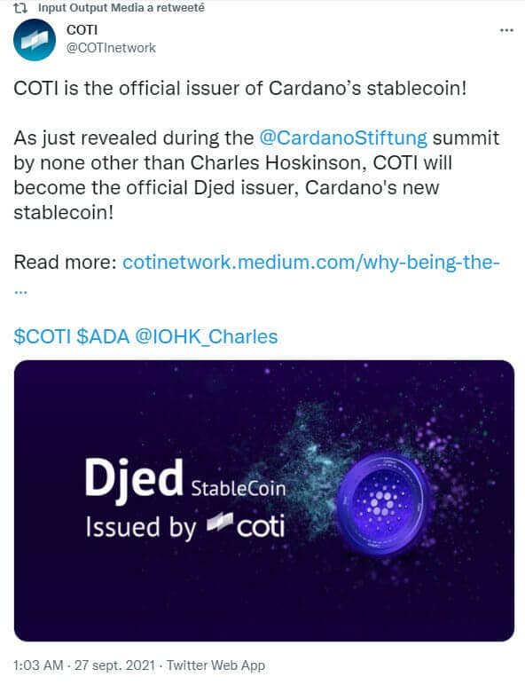 Publication Twitter de COTI annonçant le lancement du Djed, le nouveau stablecoin de Cardano (ADA)