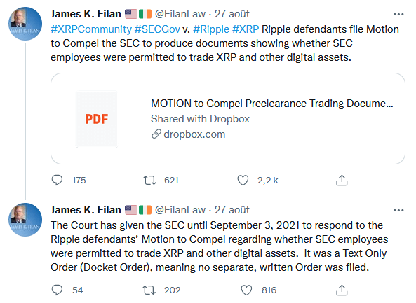 Publications Twitter de James Filan relatives à la publication des avoirs en XRP des employés de la SEC. En obtenant ces documents Ripple entend prouver que la SEC ne considérait pas les actifs numériques comme des titres financiers avant 2018.