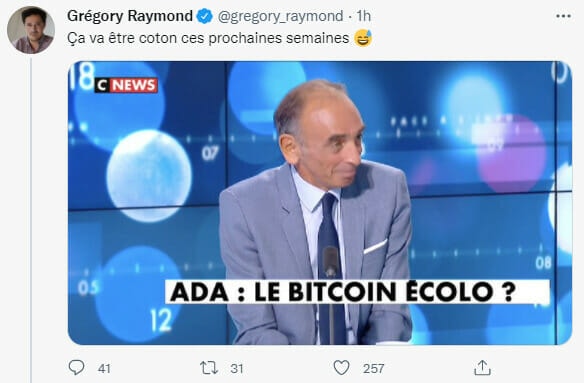 Publication Twitter de Grégory Raymond partageant la comparaison déraisonnée entre Cardano (ADA) et Bitcoin (BTC) qui ont très peu de points communs