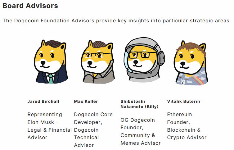 Liste des conseillers de la Dogecoin Foundation comprenant Jared Birchall, CEO de Neuralink et représentant d’Elon Musk et Vitalik Butterin, ainsi que Max Keller et Shibetoshi Nakamoto