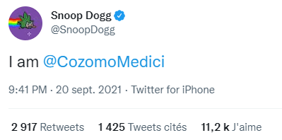 Publication de SnoopDogg annonçant qu'il est Cozomo de' Medici