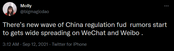 Publication Twitter de Molly concernant de nouvelles réglementations chinoises circulant sur les réseaux sociaux WeChat et Weibo