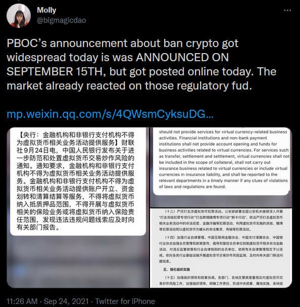 Publication Twitter de Molly présentant les nouvelles réglementations chinoises pour les devises numériques