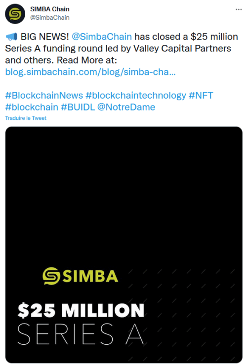 Publication Twitter de Simba Chain annonçant la conclusion d'une levée de fonds de 25 millions de dollars