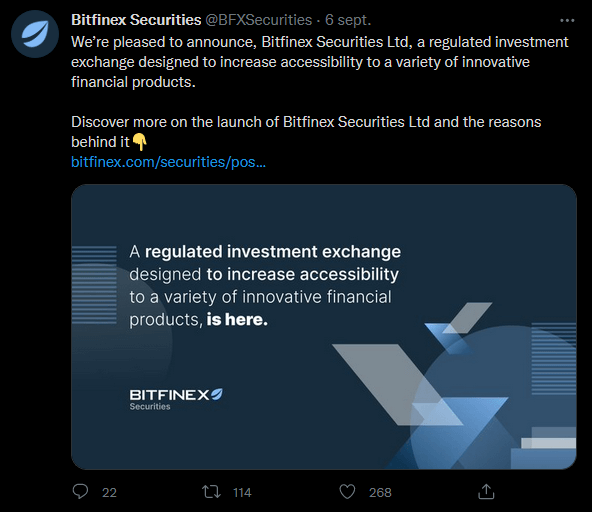 Publication Twitter de Bitfinex Securities annonçant le lancement de sa plateforme de security tokens au Kazakhstan