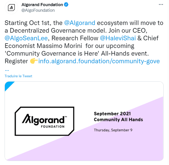 Publication Twitter de la Fondation Alogrand annonçant que l'écosystème d'Algorand utiliserait un modèle de gouvernance décentralisée