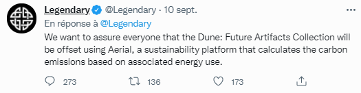 Publication Twitter de Legendary Pictures annonçant que la collection « Dune : Future Artifacts » sera compensée à l'aide d'Aerial