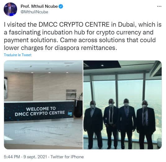 Publication Twitter de Mthuli Ncube incitant son pays à investir dans les cryptomonnaies après sa visite récente du DMCC CRYPTO CENTRE
