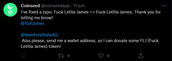 Publication Twitter de Coinseed annonçant la création du jeton Fuck Letitia James