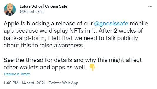 Publication Twitter de Lukas Schor -Apple bloque la mise à jour du portefeuille Ethereum de Gnosis Safe permettant des achats de NFT