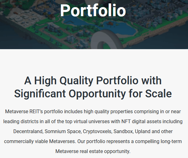 Portfolio d'immobilier virtuel de Metaverse Reit comprenant des actifs des projets Decentraland, Somnium Space, Cryptovoxels, Sandbox and Upland
