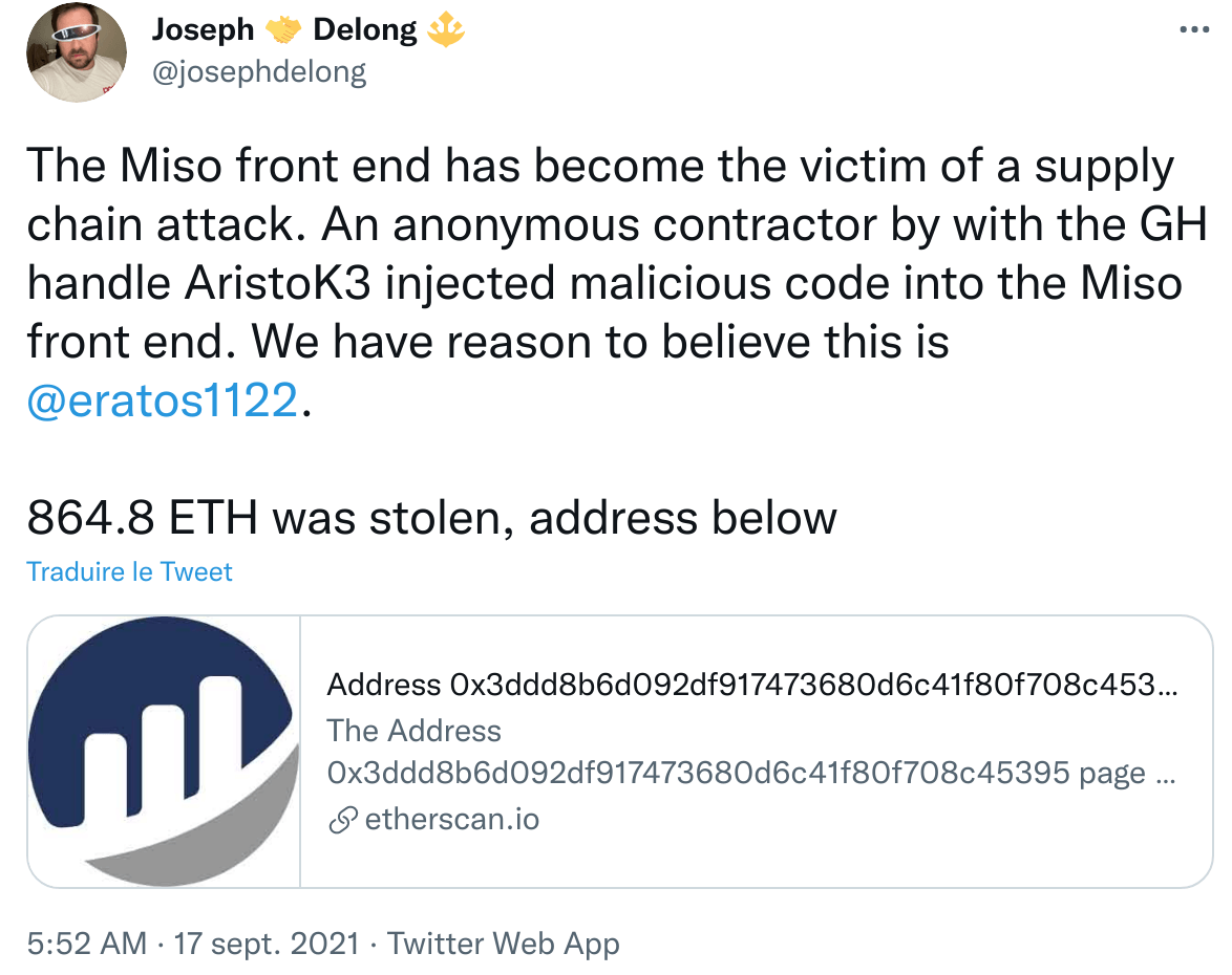Publication Twitter de Joseph Delong annonçant le hack de MISO et la perte de 864 ethers