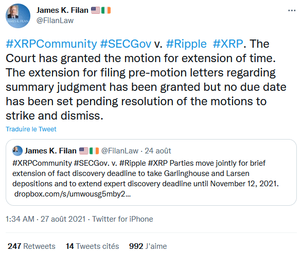 Publication Twitter de James Filan relative à l'extension du délai de préparation. Le tribunal ayant accordé un délai supplémentaire à la SEC et à Ripple pour produire les conclusions de leurs experts.