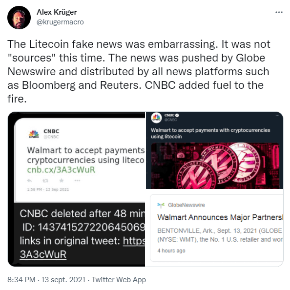 Publication Twitter d'Alex Krüger concernant la fake news sur le partenariat de Walmart et de Litecoin (LTC)
