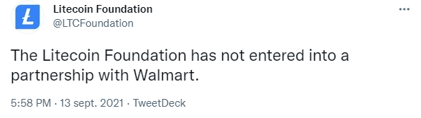 Publication Twitter de la Litecoin Foundation qui démentit l'existence du partenariat entre Walmart et Litecoin (BTC)