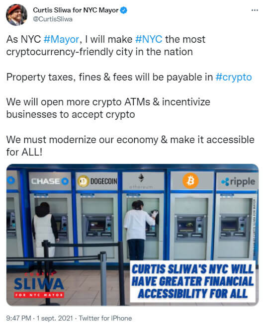 Publication Twitter de Curtis Sliwa annonçant sa volonté de faire de New York la ville la plus favorable aux cryptomonnaies des Etats-Unis