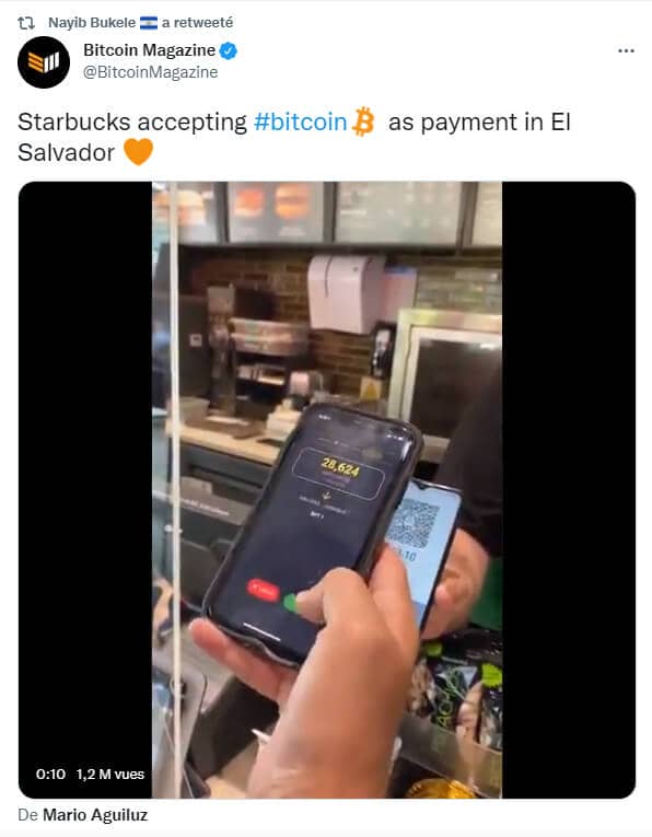 Publication Twitter de Bitcoin Magazine annonçant que Starbucks acceptait les paiements en bitcoins (BTC)