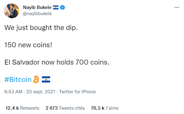 Publication Twitter de Nayib Bukele annonçant le nouvel achats de 150 bitcoins par le Salvador