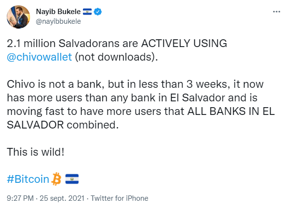 Publication Twitter de Nayib Bukele annonçant que 2,1 millions de Salvadoriens utilisent déjà le wallet Bitcoin Chivo