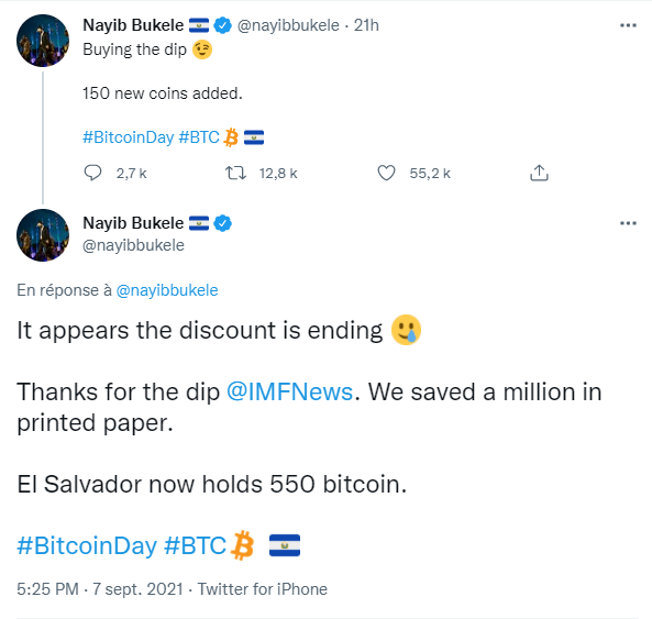 Publication Twitter de Nayib Bukele annonçant que le Salvador possédait enfin 500 bitcoins (BTC)