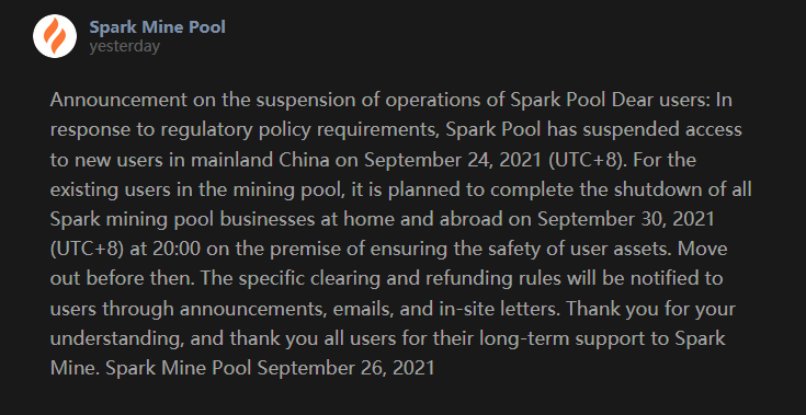 Sparkpool annonce l'arrêt de ses activités de minage à partir du 30 septembre 2021